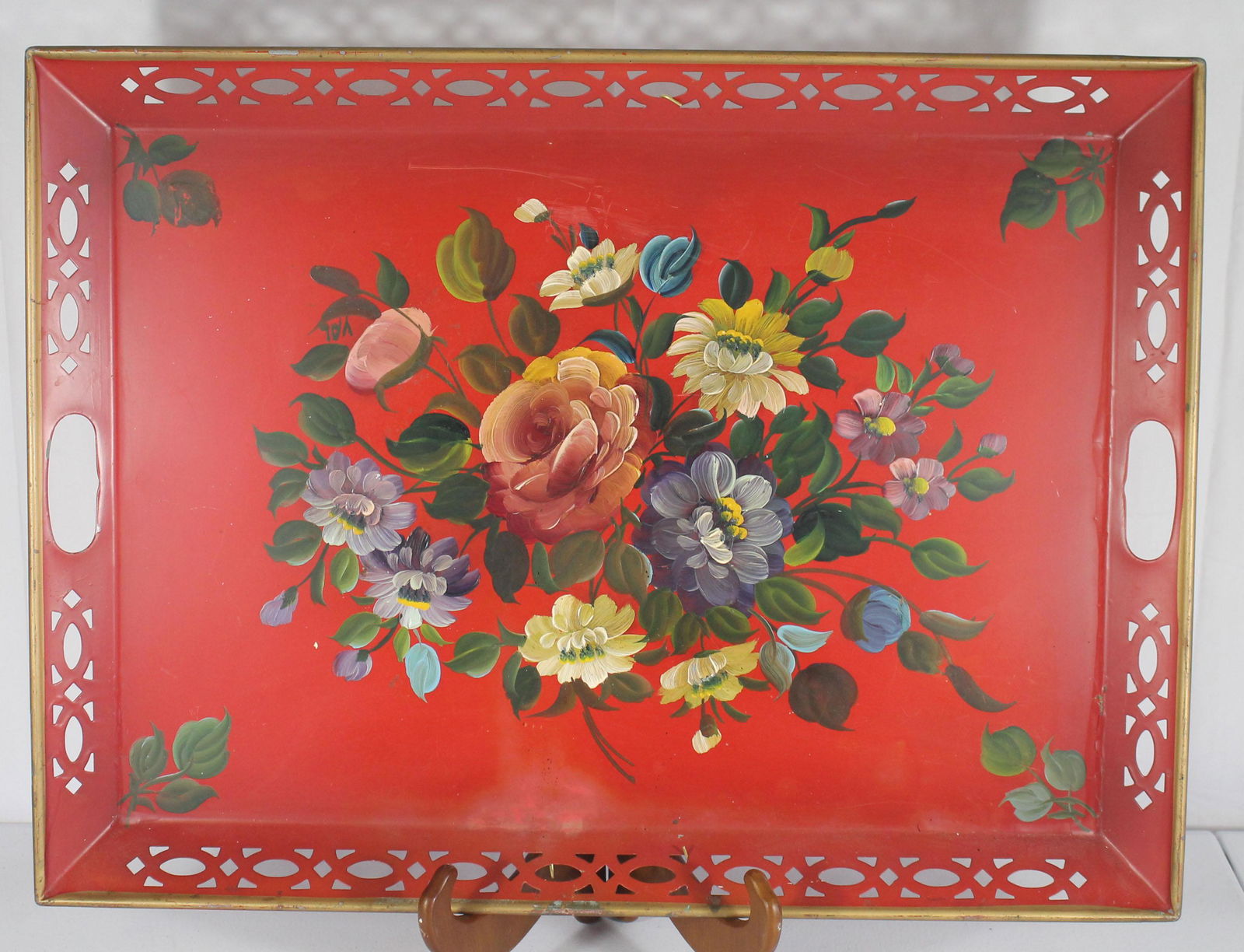 Contemporary large red tole rectangular tray w hand (1 of 5)