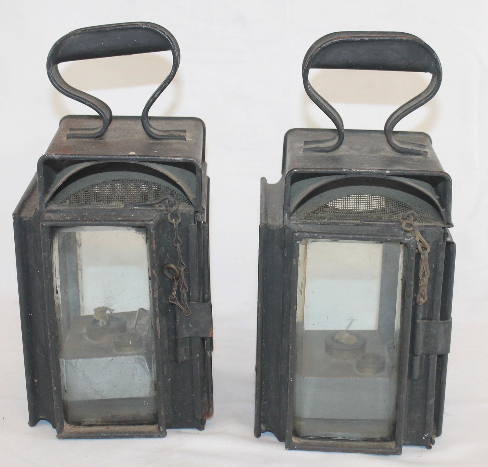 pr of antique tin, iron & beveled glass lanterns w (1 of 4)