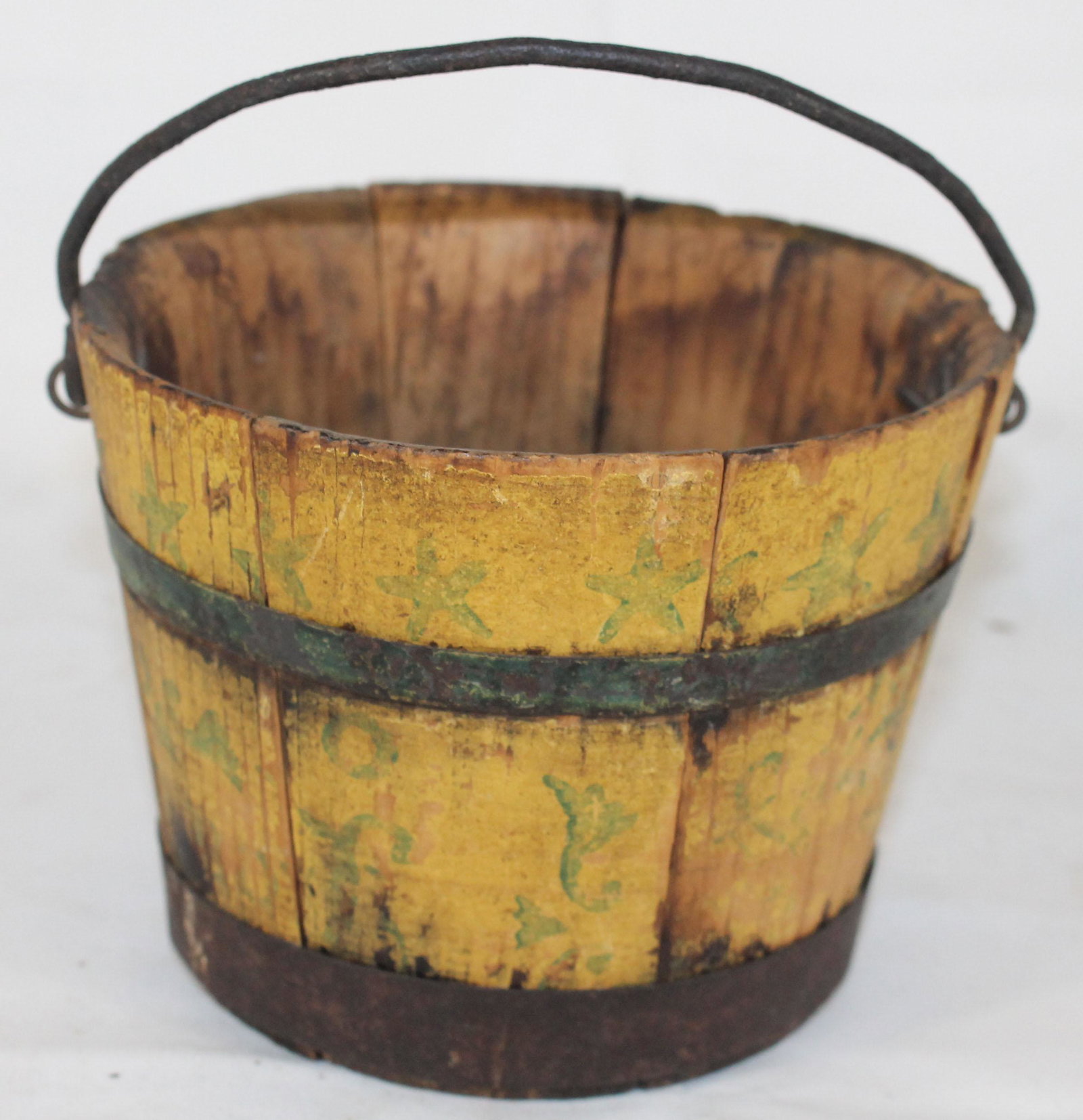 19thC paint dec wooden berry bucket in yellow w green (1 of 6)