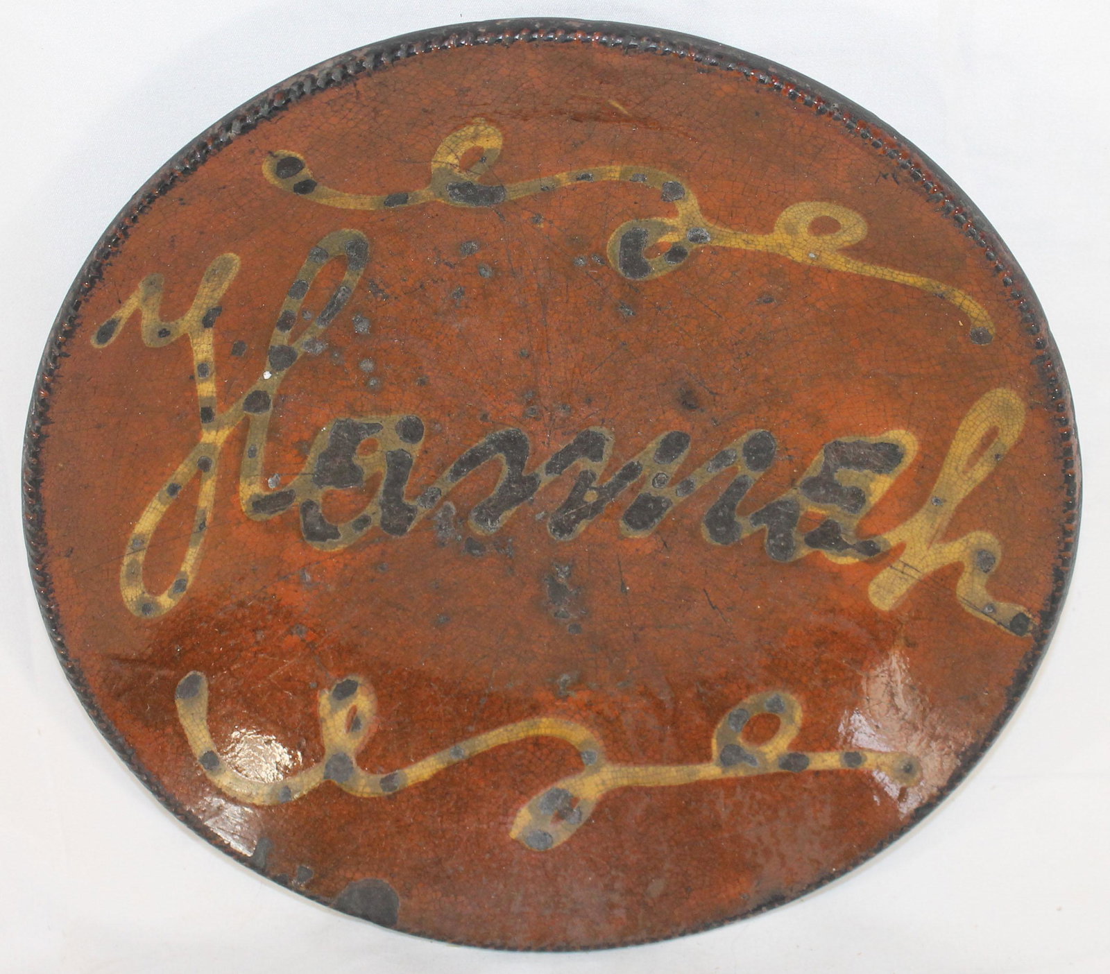Antique Redware slip dec plate w "Hannah" slip dec - (1 of 6)