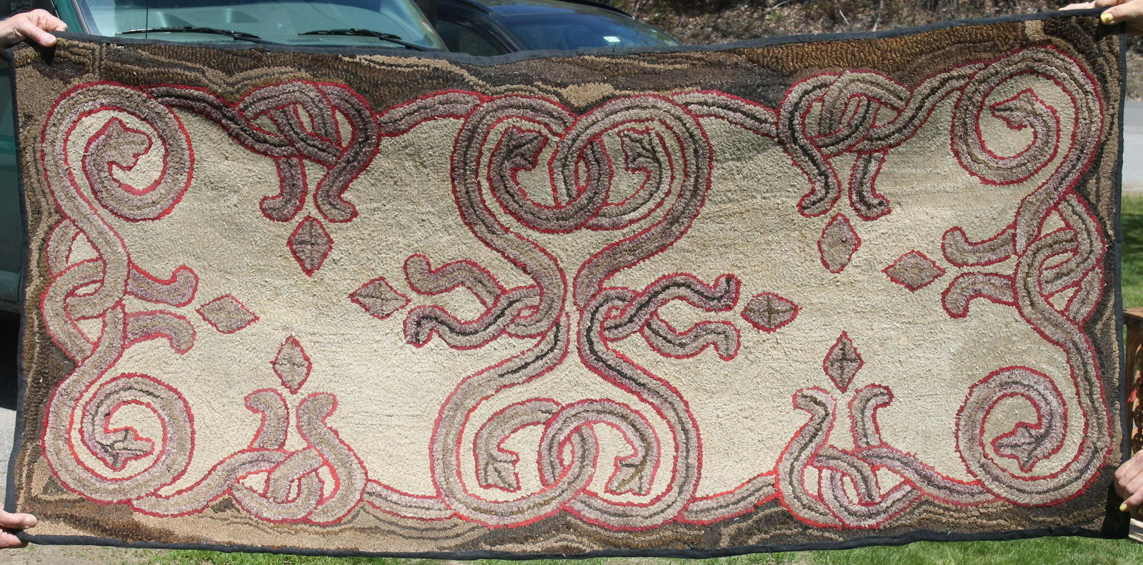 Antique geonetric pattern hooked rug - approx 30"x64" (1 of 5)