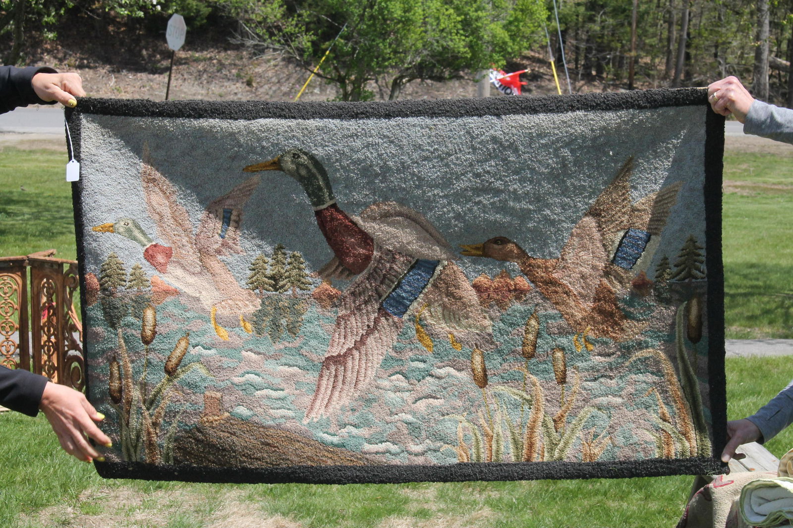 Antique hooked rug w duck & scenic motif - approx (1 of 5)