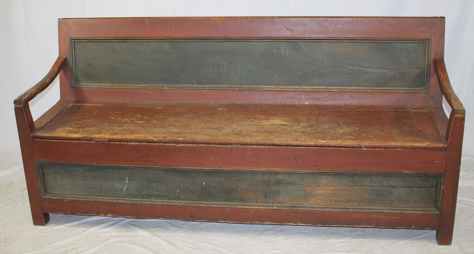 18thC lift seat bench in red paint - 72" x33"x22 1/4" (1 of 12)