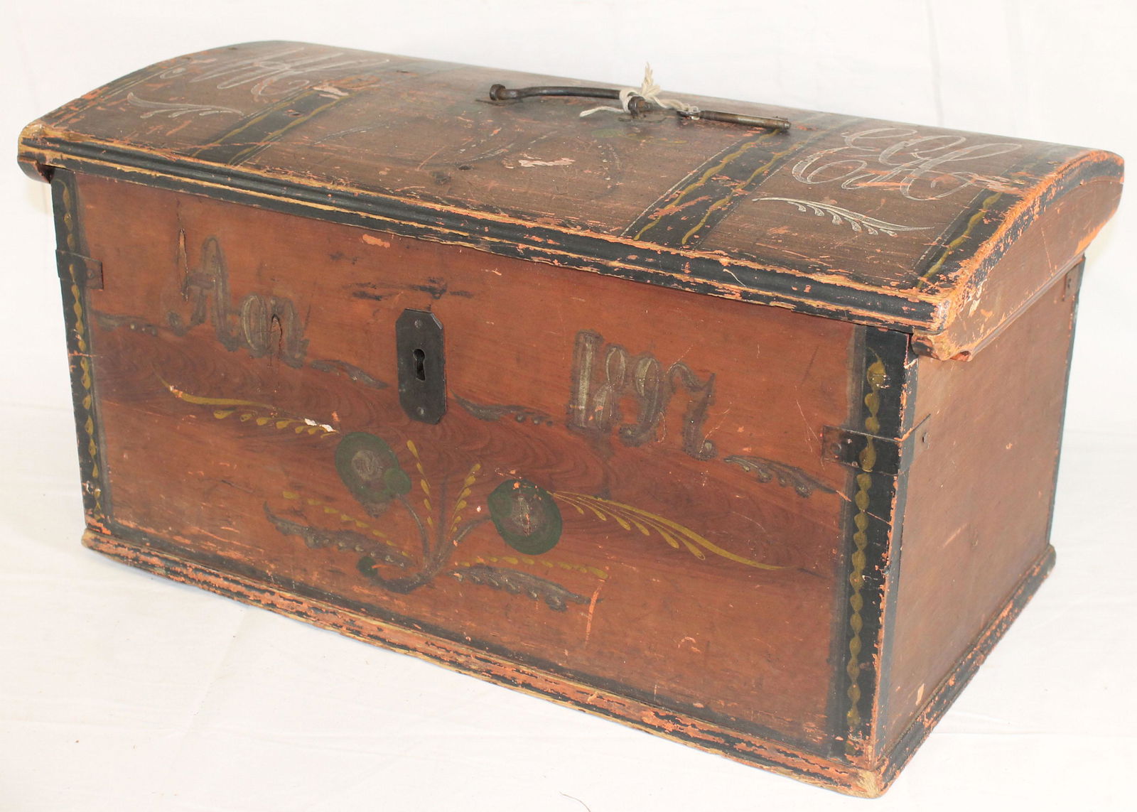 Antique dometop paint dec box w key - 24 1/2"x wide x (1 of 10)