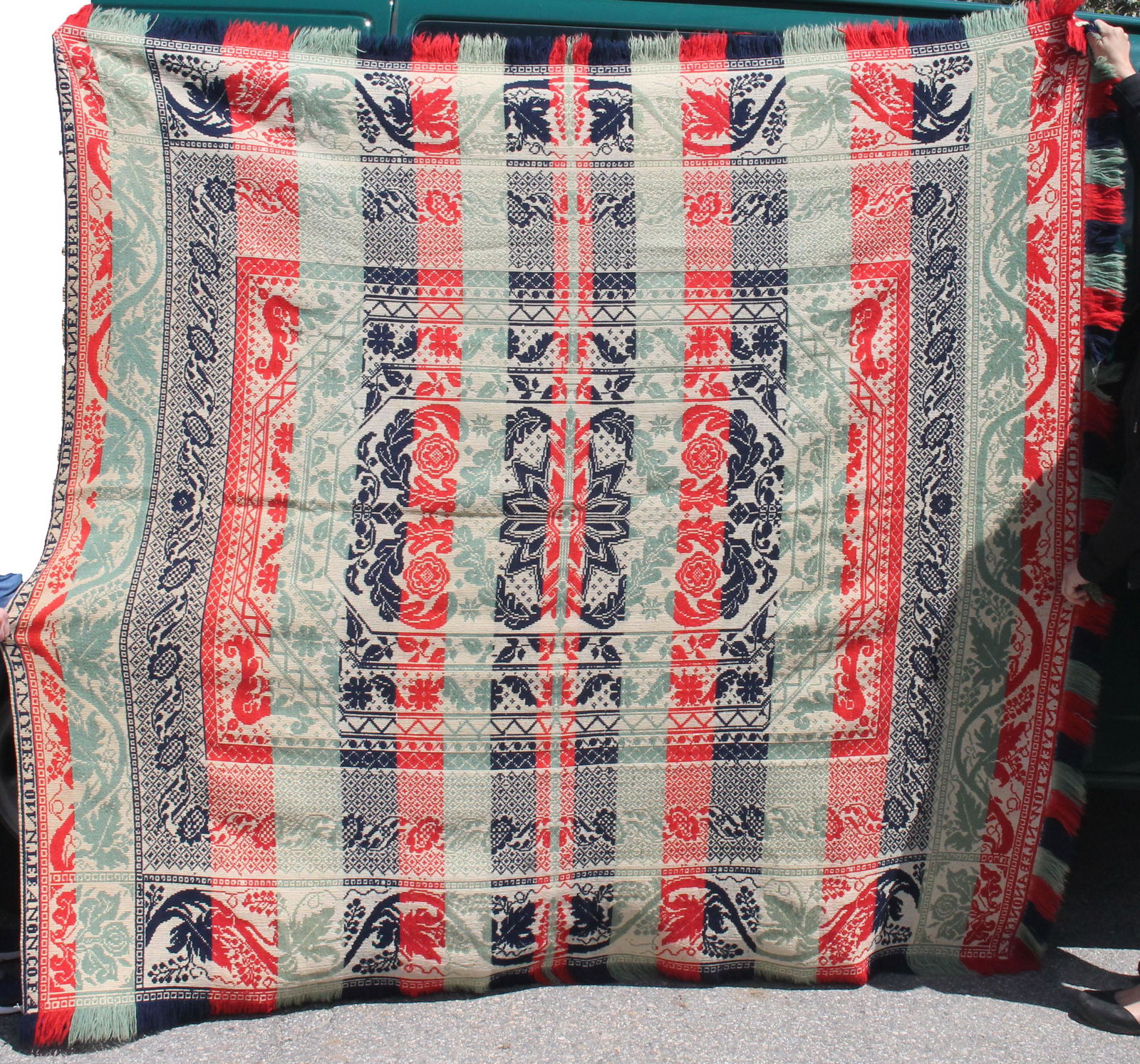 19thC coverlet in red, blue & green w applied fringe - (1 of 7)