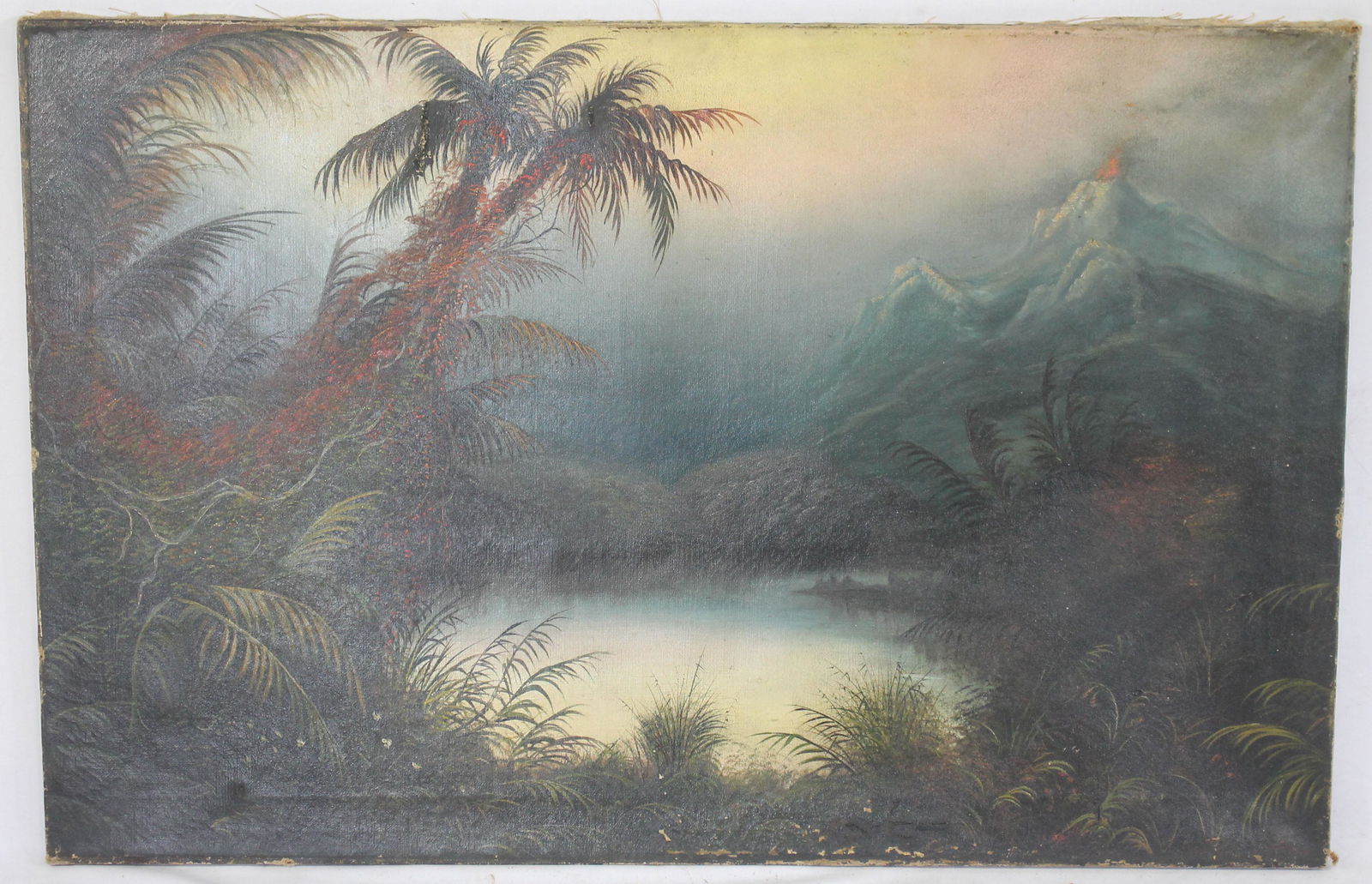Antique 22"x33 3/4" o/c tropical scene w palm trees & a (1 of 8)