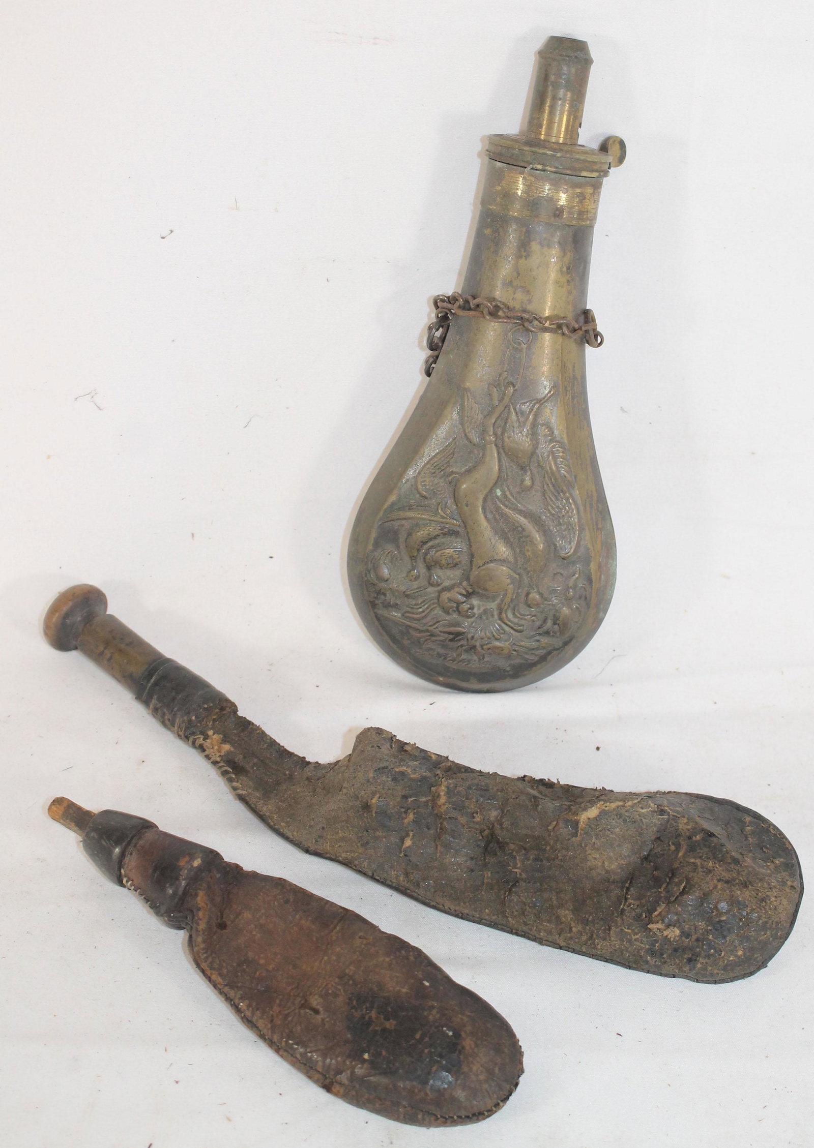 lot of 3 antique shot pouches incl 2 leather & 1 brass (1 of 4)