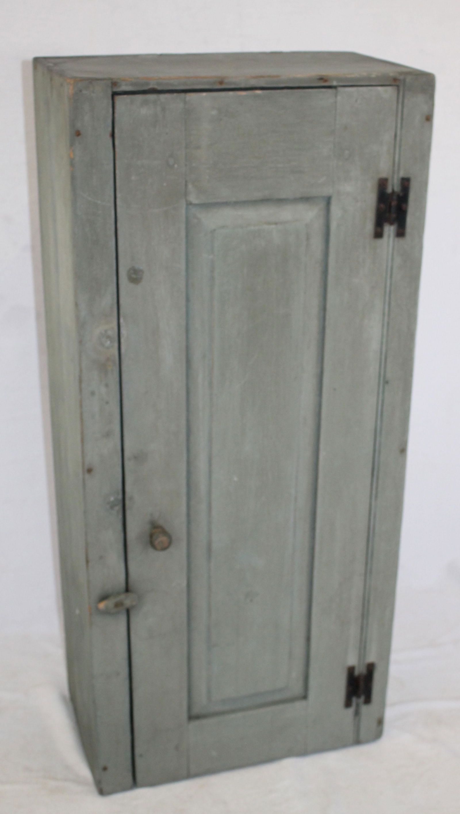 19thC narrow 1 door hanging cupboard in blue paint - (1 of 5)