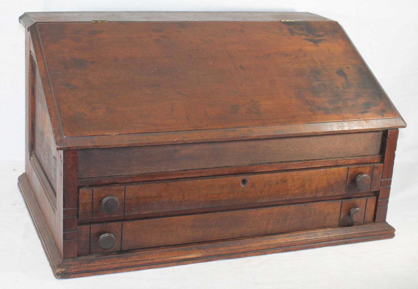 Antique country walnut slant top desk w 2 drawers - 16" (1 of 5)