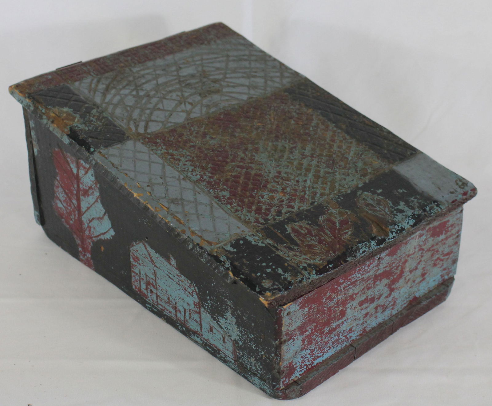 19thC carved & painted desk box w house & tree scenic (1 of 7)