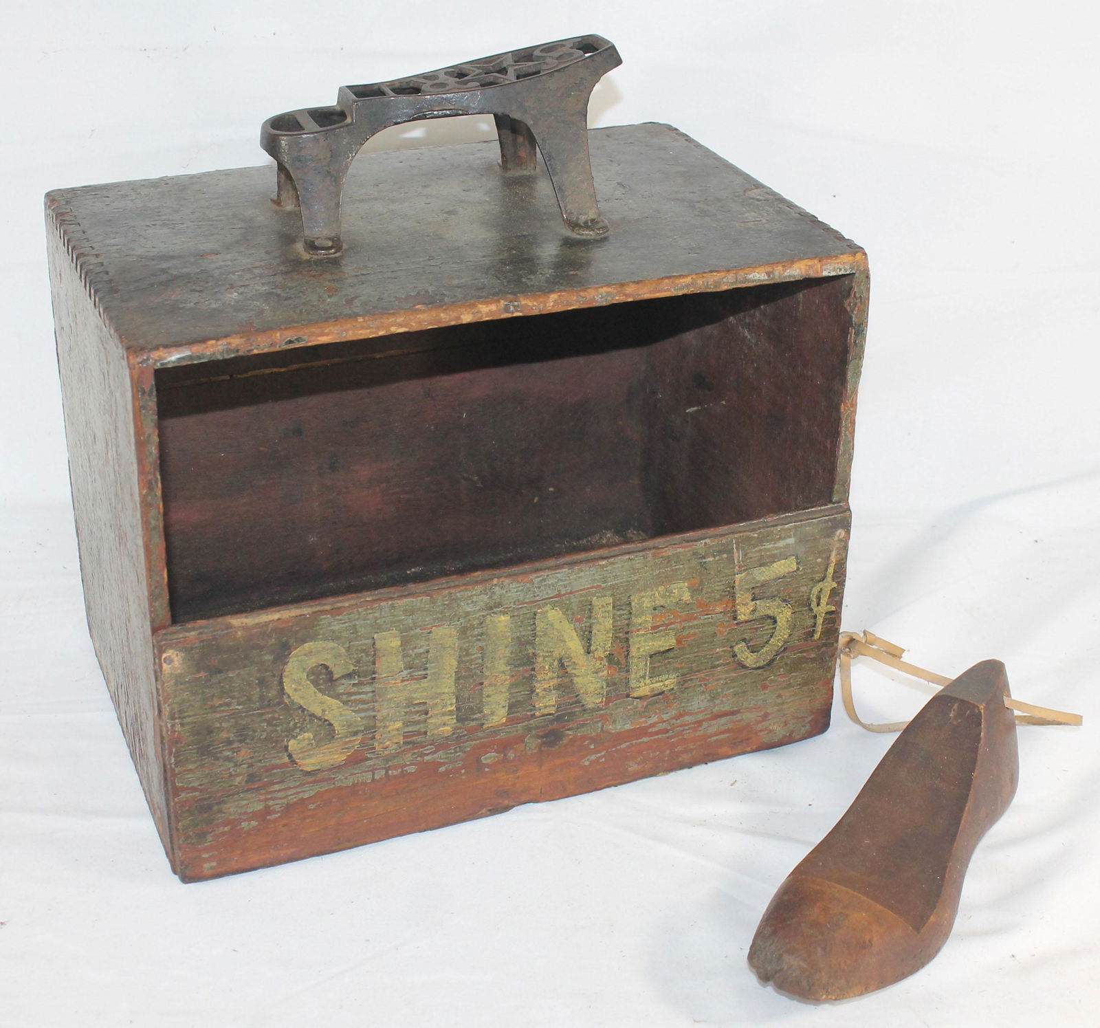 Antique shoe shine box in green paint w "Shine 5 Cent (1 of 6)