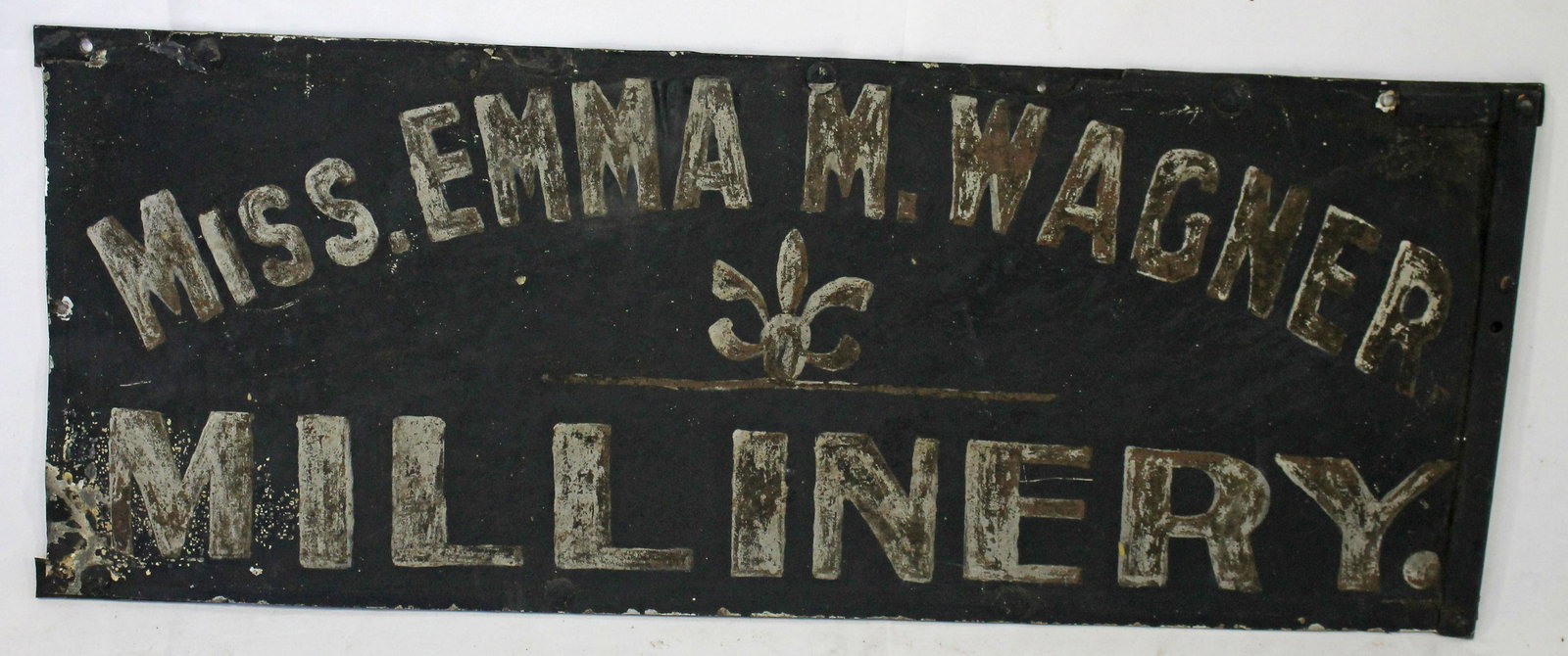 Antique metal painted dbl sided trade sign "Miss Emma M (1 of 10)