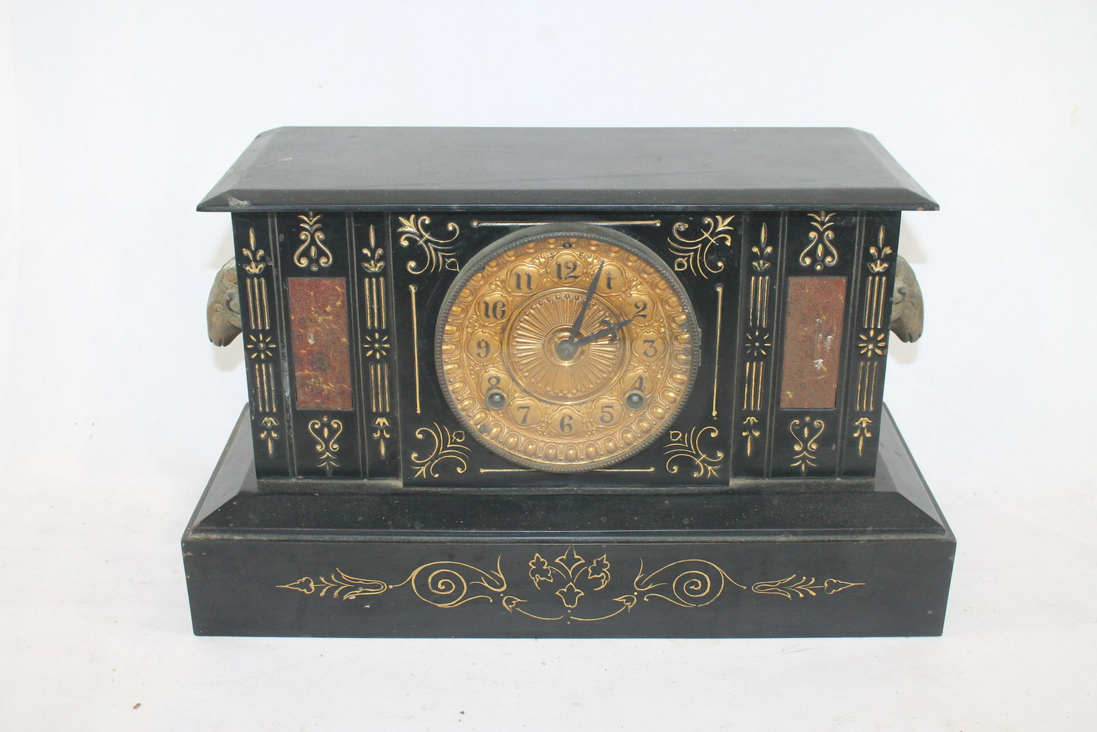 Ansonia faux slate metal mantle clock w ram's heads on (1 of 4)