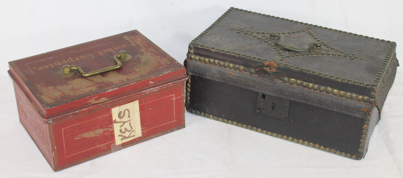 lot of 2 valuables boxes - 1 tin in red paint w key; (1 of 8)