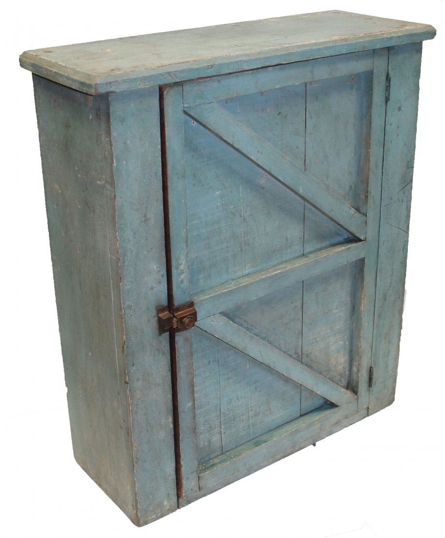 Antique hanging 1 dr cupboard in blue paint (1 of 7)