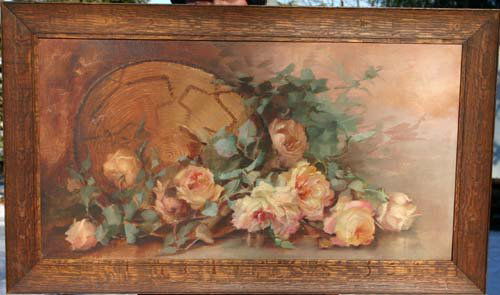 Mary Braman Wood (1893 - ) 16x30 o/c still life ba: Mary Braman Wood (1893 - ) 16x30 o/c still life basket of roses (instructor was Robert Spear Dunning at the Fall River Still Life School)