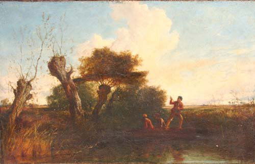 Important unsgnd attrib George Caleb Bingham 15 ¾: Important unsgnd attrib George Caleb Bingham 15 ¾ x 24 ½ o/c riverscape w 3 trappers in a boat