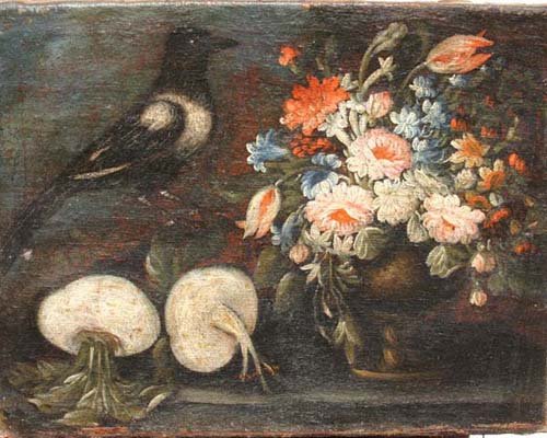 Fine 17thC Italian Old Master 17 ½ x 22 ¾ o/c stil: Fine 17thC Italian Old Master 17 ½ x 22 ¾ o/c still life w bird, vase of flowers & turnips in fine 17thC frame