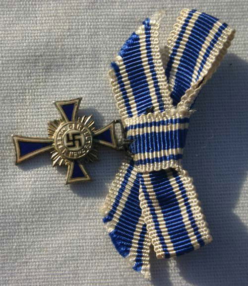 Nazi miniature Second Class Silver Mother's Cross: Nazi miniature Second Class Silver Mother's Cross "Ehrenkreuz der Deutschen Mutter" - December 16 1938 w facsimile of the Fuhrer's signature issued to German mothers bearing 6 or more pure Arian child