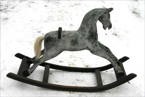 wonderful antique wooden carved & ptd dappled rock: wonderful antique wooden carved & ptd dappled rocking horse w horse hair tail & glass eyes - 28" tall x 42" long