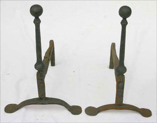 pr of very early ca 1680 Newport, RI iron andirons: pr of very early ca 1680 Newport, RI iron andirons - 17" tall