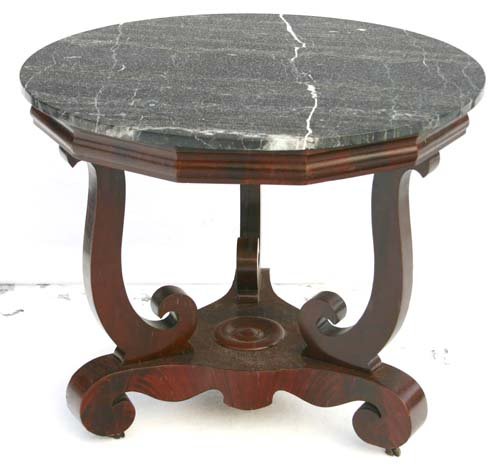 ca 1830 Neoclassical mahog 36" round black & gold : ca 1830 Neoclassical mahog 36" round black & gold marble top cyma curved 3 legged platform base center table