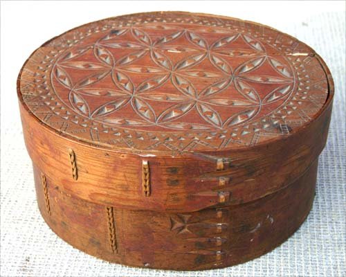ca 1800 attrib PA beautifully carved round pantry: ca 1800 attrib PA beautifully carved round pantry box w intricate lapped fingers - 11 1/2" round x 5" tall