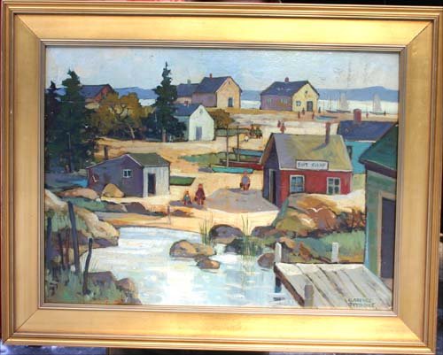 Clarence F. Attridge (1907-1992) 18x24 o/c coastal: Clarence F. Attridge (1907-1992) 18x24 o/c coastal village scene