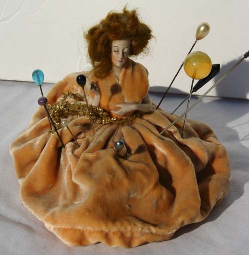 ca 1920's German 1/2 doll pin cushion w mohair wig: ca 1920's German 1/2 doll pin cushion w mohair wig