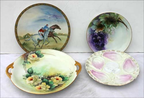 lot of 4 porcelain plates incl oyster plate, Nippo: lot of 4 porcelain plates incl oyster plate, Nippon scenic & hnd ptd fruit & floral dec plates