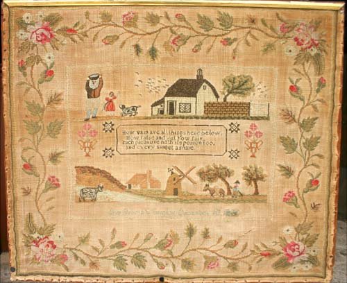 Dated Dec 18thC 182? Pictorial sampler by Ann Brown: Dated Dec 18th 182? Pictorial sampler by Ann Brown. This large 22x26 sampler is possibly a Cape Cod scene and came from an Old Boston home