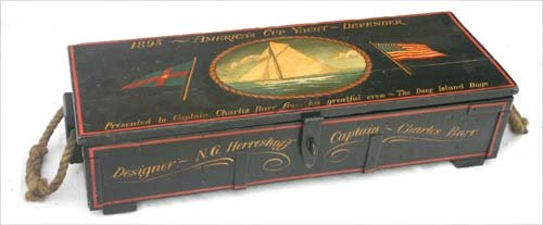 wonderfully paint dec sea captain's chest depicting: wonderfully paint dec sea captain's chest depicting the 1895 America's Cup yacht "Defender" presented to Captain Charles Barr from his greatful crew - The Deer Island Boys - 36" long x 13 1/4" deep x 