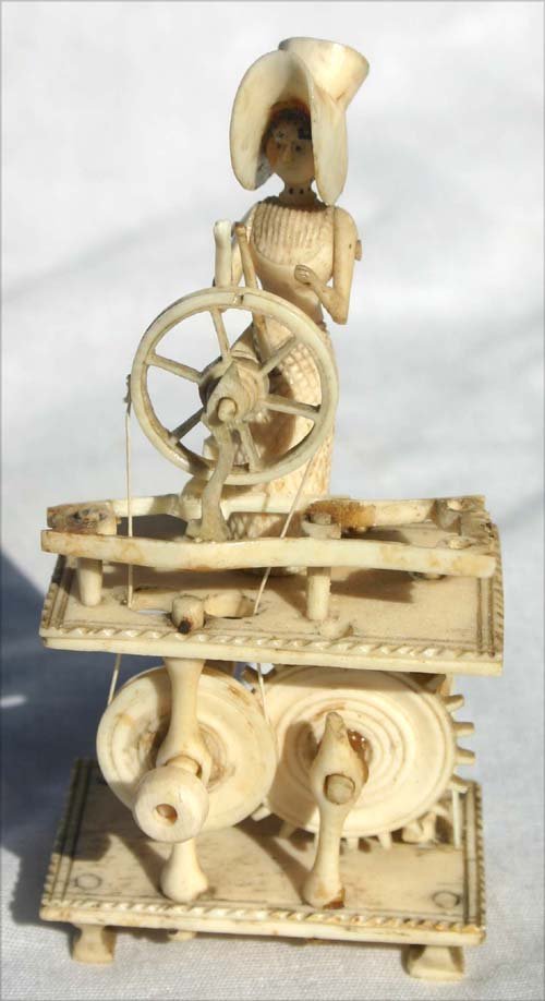 early 19thC POW whale bone carved "Spinning Jenny" : early 19thC POW whale bone carved "Spinning Jenny" - fig is 4" tall