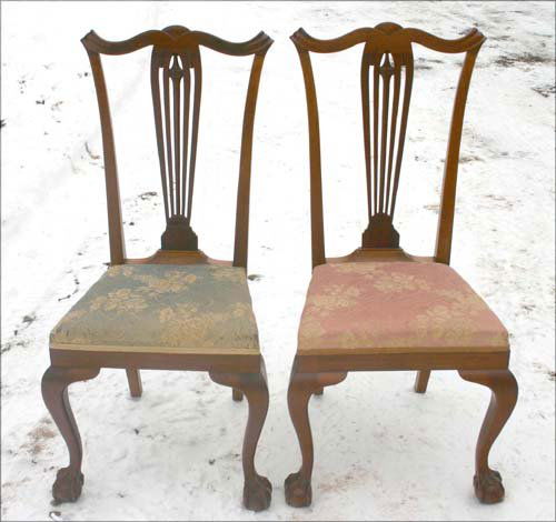 assembled set of 5 19thC Chippendale mahog chairs: assembled set of 5 antique 19thC Chippendale mahog ball & claw ft chairs from the Bushnell family (of Hartford CT renown) w a group of vintage photos showing these very chairs in their home