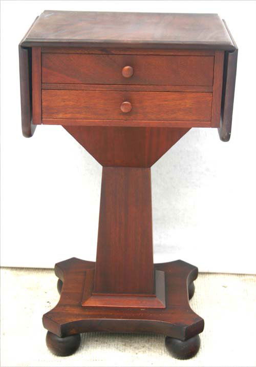 antique Empire mahog rare sliding top 2 drawer drop: antique Empire mahog rare sliding top 2 drawer dropleaf sewing table on pedestal w 4 ftd base - 29" tall