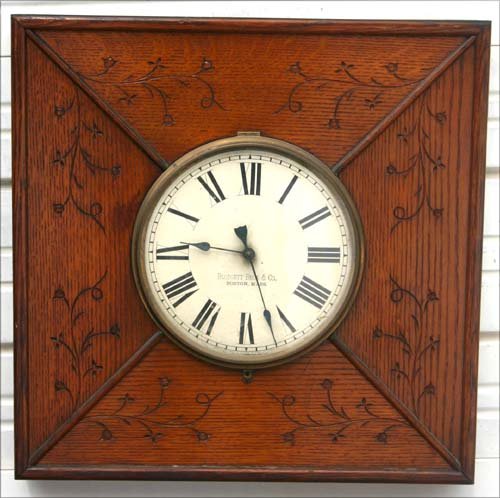 unusual antique carved oak Blodgett Brothers & Co B: unusual antique carved oak Blodgett Brothers & Co Boston MA 26" square wall clock