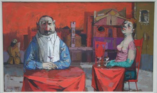 Fine Louis Bosa (1905-1981) 17x30 o/bd dtd 1958 tit: Fine Louis Bosa (1905-1981) 17x30 o/bd dtd 1958 titled "Alone in Italy" w Milch Gallery label on verso… Provenance incls Nelson Rockefeller's personal Secretary