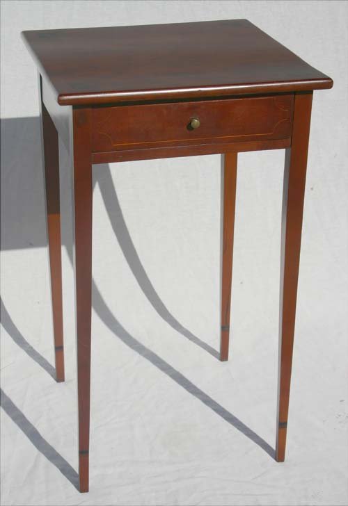 fine Period Hepplewhite 1 dr tapered leg cherry s: fine Period Hepplewhite 1 dr tapered leg cherry stand w ebony & mahog inlays (incl corner fans & cuffs) & maple stringing attrib to Nathan Lombard of Sutton, MA - all orig structure incl period knob -