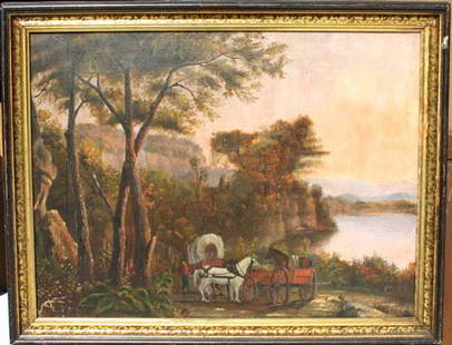 attrib Winthrop Chandler (1747-1790) 19 1/2 x 26: attrib Winthrop Chandler (1747-1790) 19 1/2 x 26 o/c 18thC landscape w wagons, horses & figure (Chandler was the brother in law of Col Ebenezer Crafts of Rev War fame)