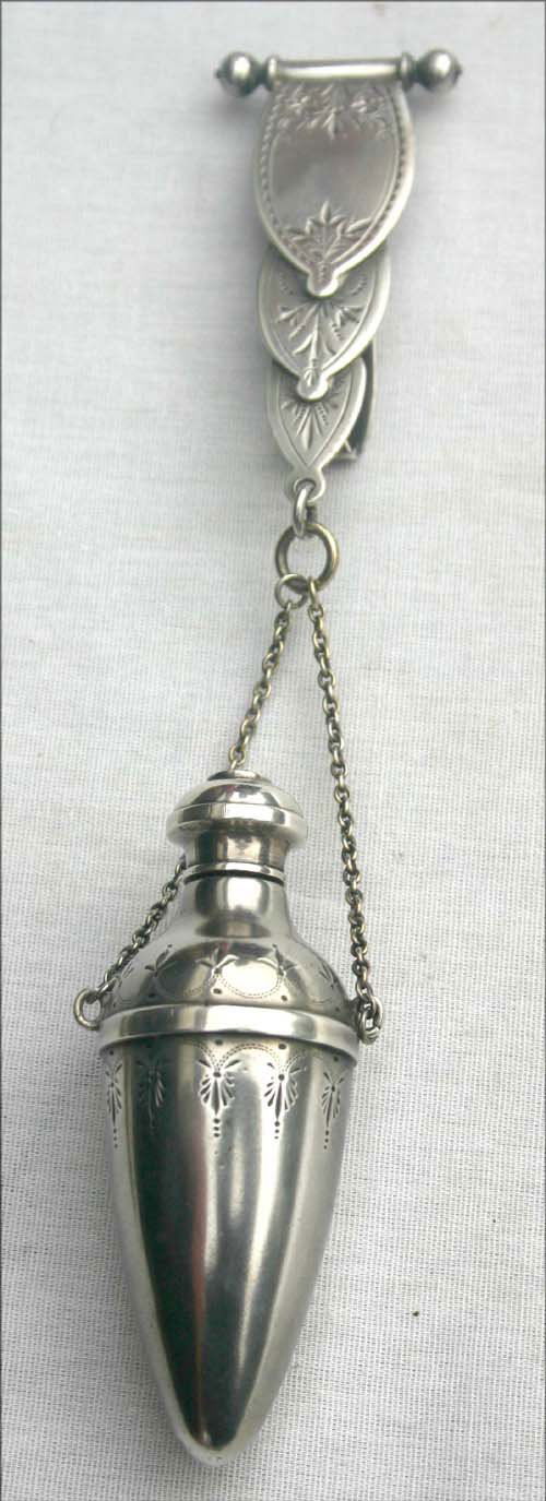 2 Sterling silver chatelaines incl a perfume or vi: 2 Sterling silver chatelaines incl a perfume or vinaigrette & an Art Nouveau figural belt clip