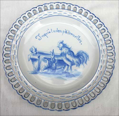 sgnd Galle; Nancy French Faience reticulated bord: sgnd Galle; Nancy French Faience reticulated border plate w hand painted rooster dec titled "Ingvie Ludes pa Pernelles" - 8 1/2" diam