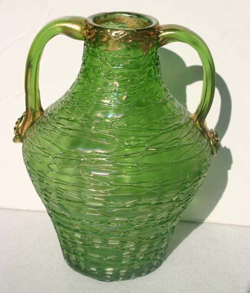 antique Austrian art glass 2 handled green w gold: antique Austrian art glass 2 handled green w gold highlight 6" vase attrib Loetz