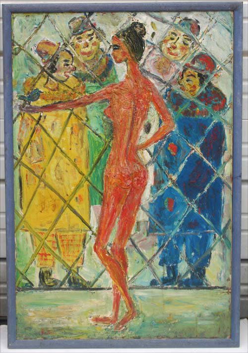 Abraham Rattner (1893-1978) 36x24 o/c female nude: Abraham Rattner (1893-1978) 36x24 o/c female nude w clown voyeurs
