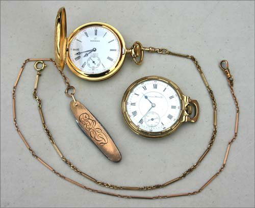 lot of 2 pocket watches incl 17 jewel Swiss made &: lot of 2 pocket watches incl 17 jewel Swiss made & Hampden Watch Co 10k gold filled plus an antique pen knife fob