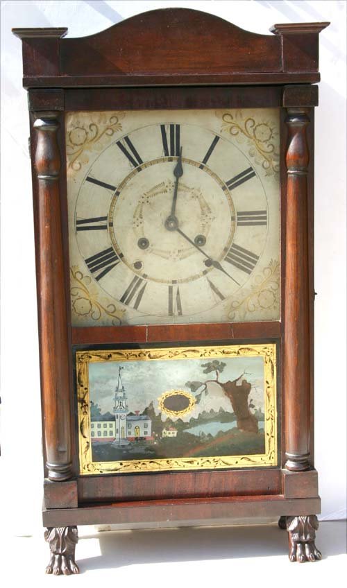 Terry's patent 19thC mahog claw ftd Federal period : Terry's patent 19thC mahog claw ftd Federal period mantle clock w orig reverse ptd panel by E & GW Bartholomew of Bristol, CT - 27" tall