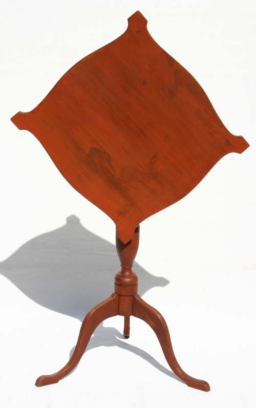 Rare ca 1790 Nantucket maple unusual handkerchief s: Rare ca 1790 Nantucket maple unusual handkerchief shaped tilt top snake ft candlestand w 3 over 2 over 1 line carving on the knees in old bittersweet paint