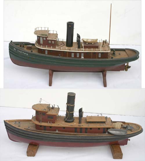 2 ca 1920-30's wooden tug boat ship models - appp: 2 ca 1920-30's wooden tug boat ship models - appprox 14" long