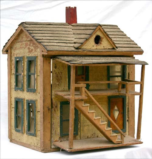 ca 1910-20 well appointed folk art wood carved & o: ca 1910-20 well appointed folk art wood carved & orig ptd doll house24" tall x 20" wide x 23" deep