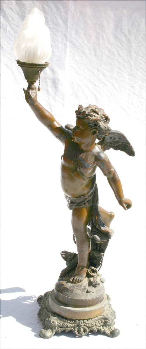 turn of the century bronzed spelter figural lamp : turn of the century bronzed spelter figural lamp - cherub holding torch - 23" tall