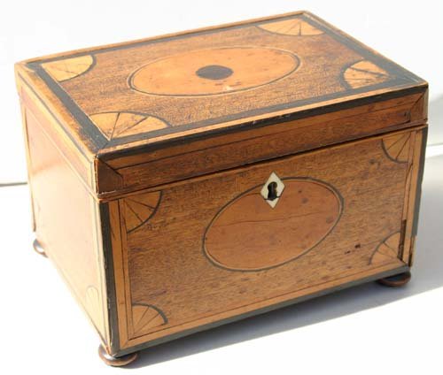 late 18th/early 19thC profusely inlaid ftd tea cad: late 18th/early 19thC profusely inlaid ftd tea caddy w bone or ivory escutcheon - 7" wide x 5" tall